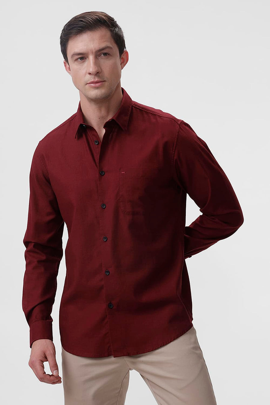 BASICS SLIM FIT PORT MAROON COTTON SLUB TWILL SHIRT