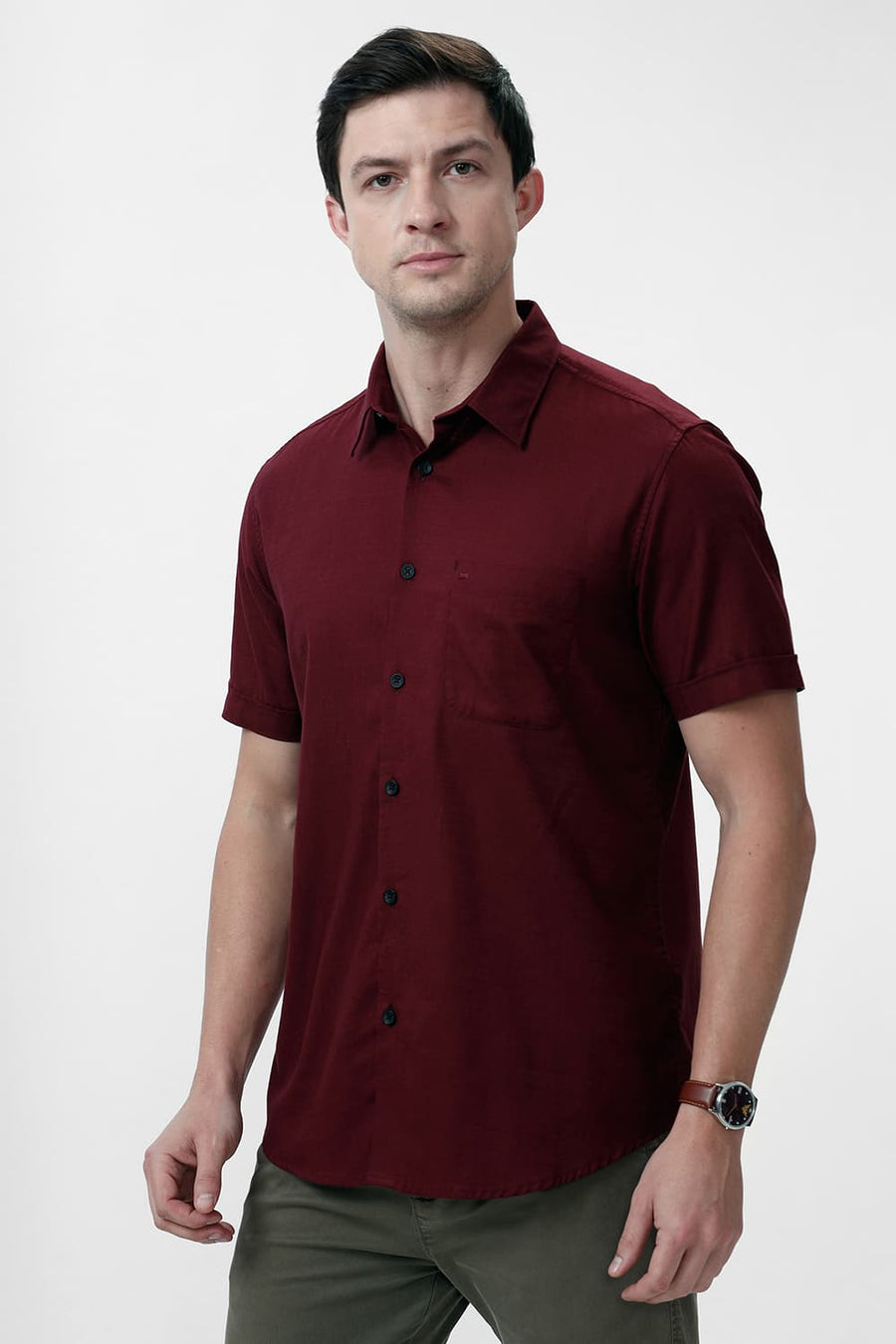 BASICS SLIM FIT PORT MAROON COTTON SLUB TWILL HALFSLEEVES SHIRT