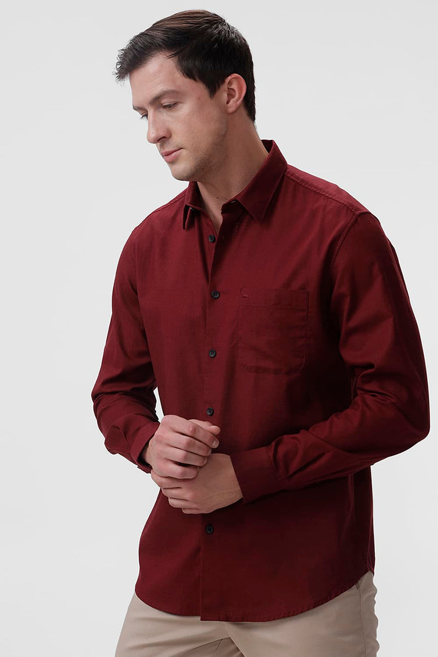 BASICS SLIM FIT PORT MAROON COTTON SLUB TWILL SHIRT