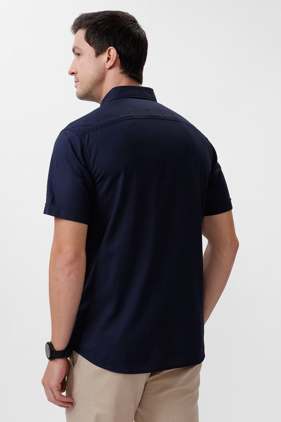 BASICS SLIM FIT NAVY NIGHTS COTTON SLUB TWILL HALFSLEEVES SHIRT