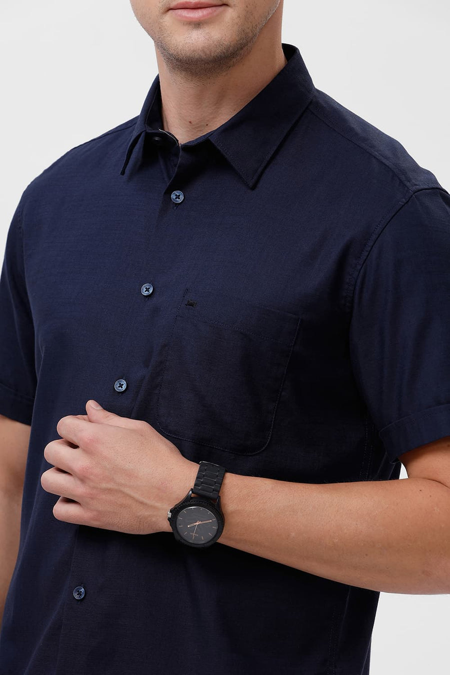BASICS SLIM FIT NAVY NIGHTS COTTON SLUB TWILL HALFSLEEVES SHIRT