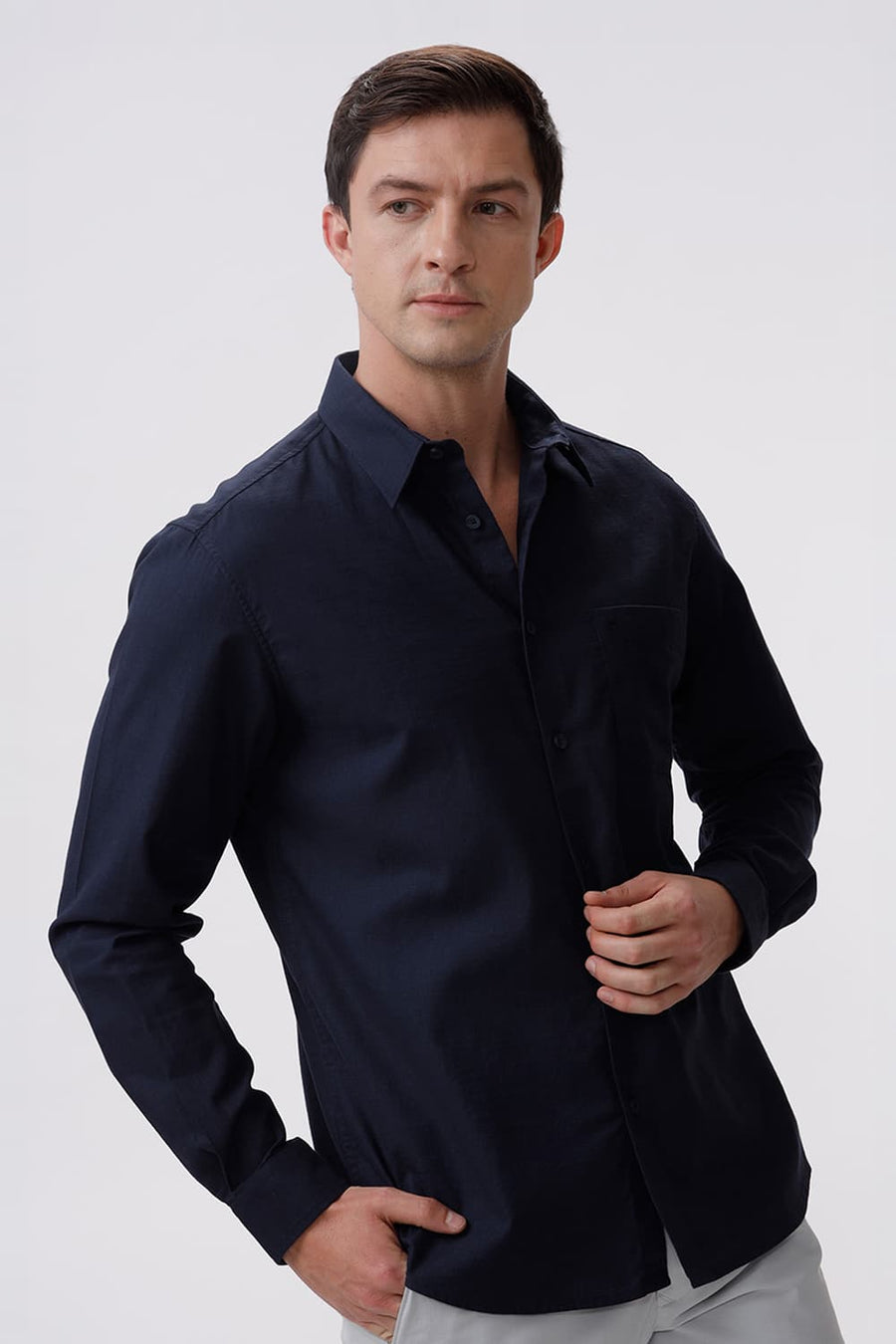 BASICS SLIM FIT NAVY NIGHTS COTTON SLUB TWILL SHIRT