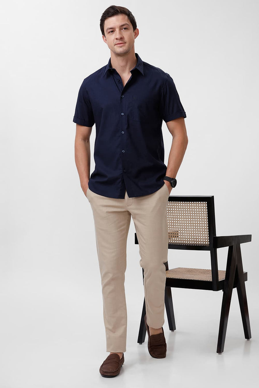 BASICS SLIM FIT NAVY NIGHTS COTTON SLUB TWILL HALFSLEEVES SHIRT