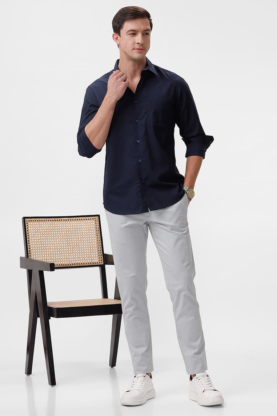 BASICS SLIM FIT NAVY NIGHTS COTTON SLUB TWILL SHIRT