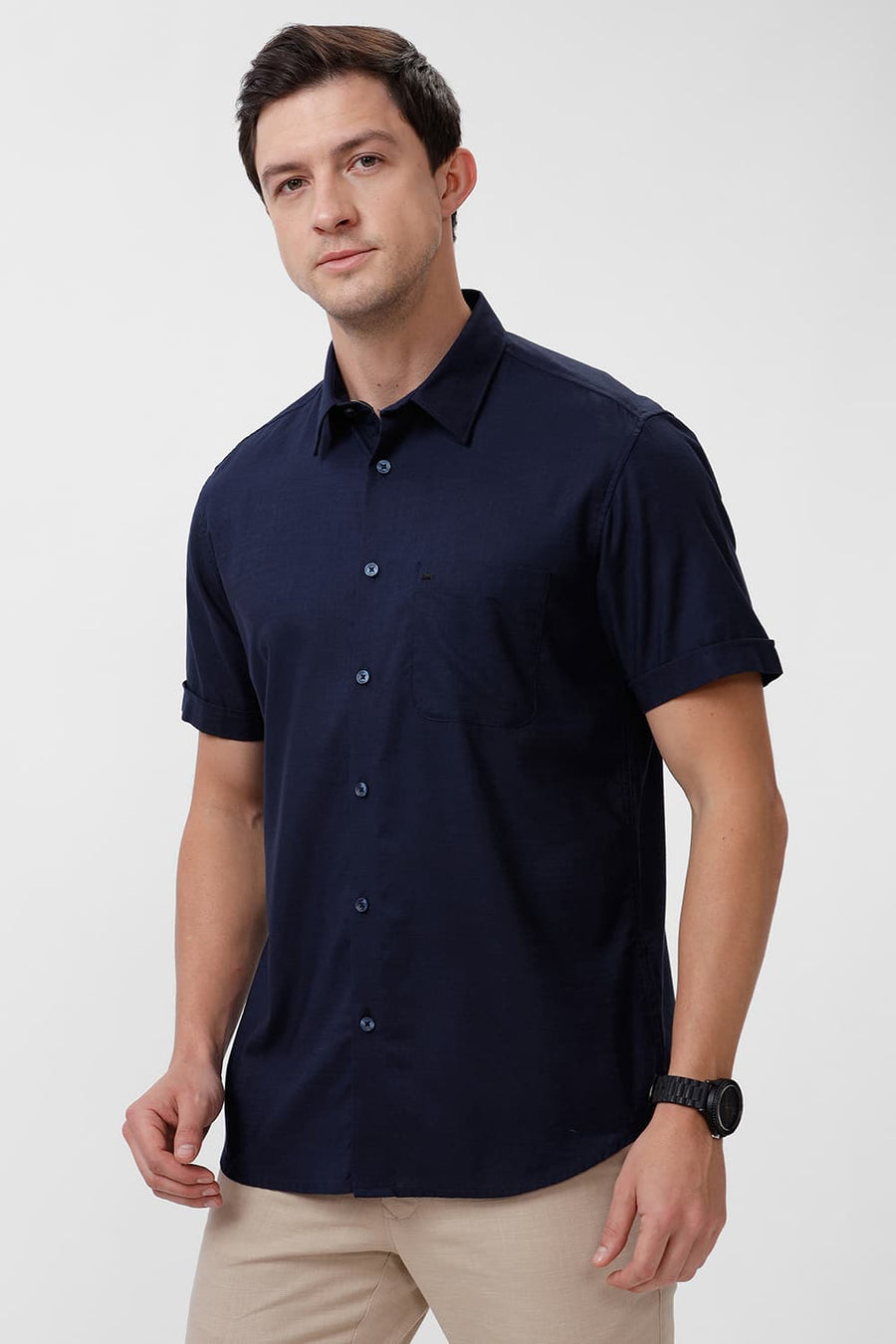 BASICS SLIM FIT NAVY NIGHTS COTTON SLUB TWILL HALFSLEEVES SHIRT