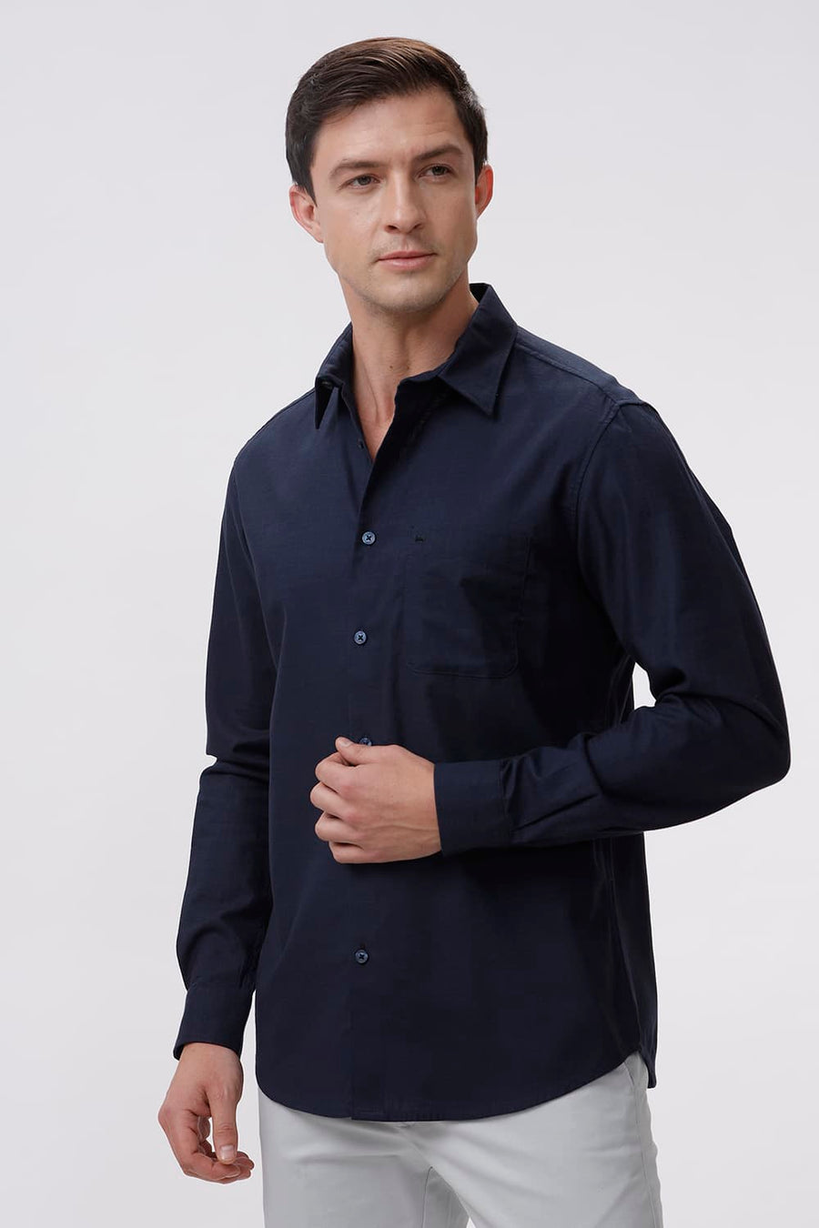 BASICS SLIM FIT NAVY NIGHTS COTTON SLUB TWILL SHIRT