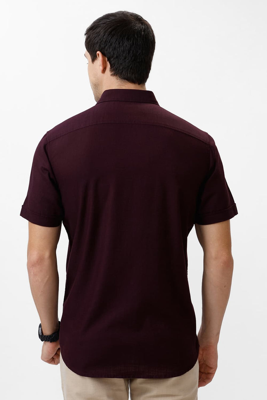 BASICS SLIM FIT WINE PURPLE COTTON SLUB TWILL HALFSLEEVES SHIRT