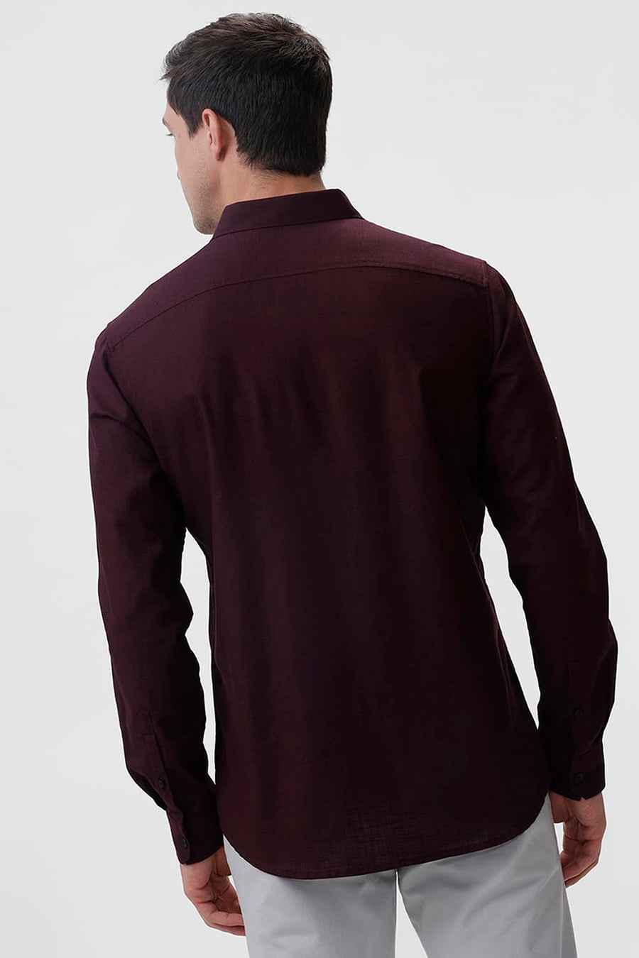 BASICS SLIM FIT WINE PURPLE COTTON SLUB TWILL SHIRT