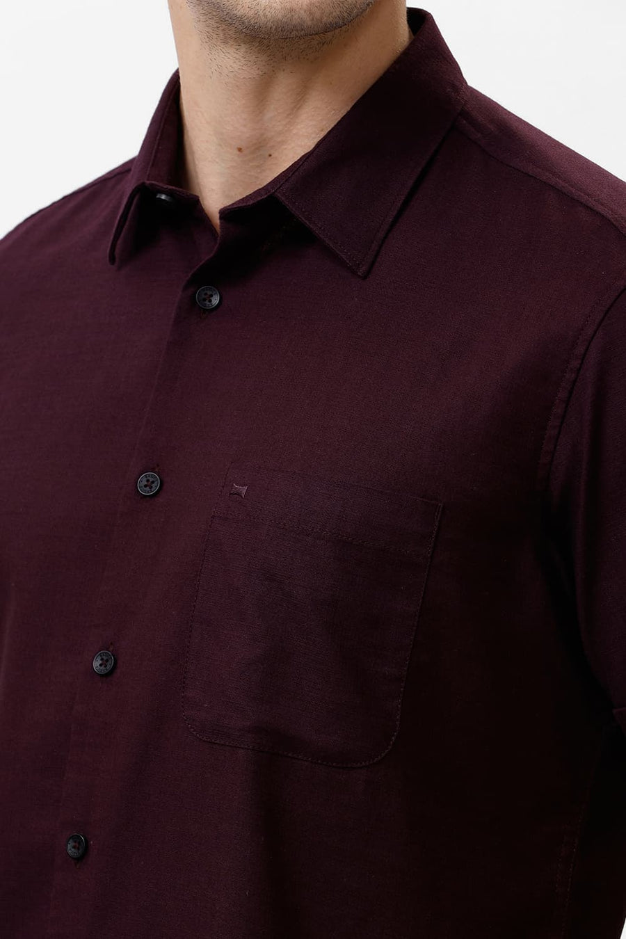 BASICS SLIM FIT WINE PURPLE COTTON SLUB TWILL HALFSLEEVES SHIRT