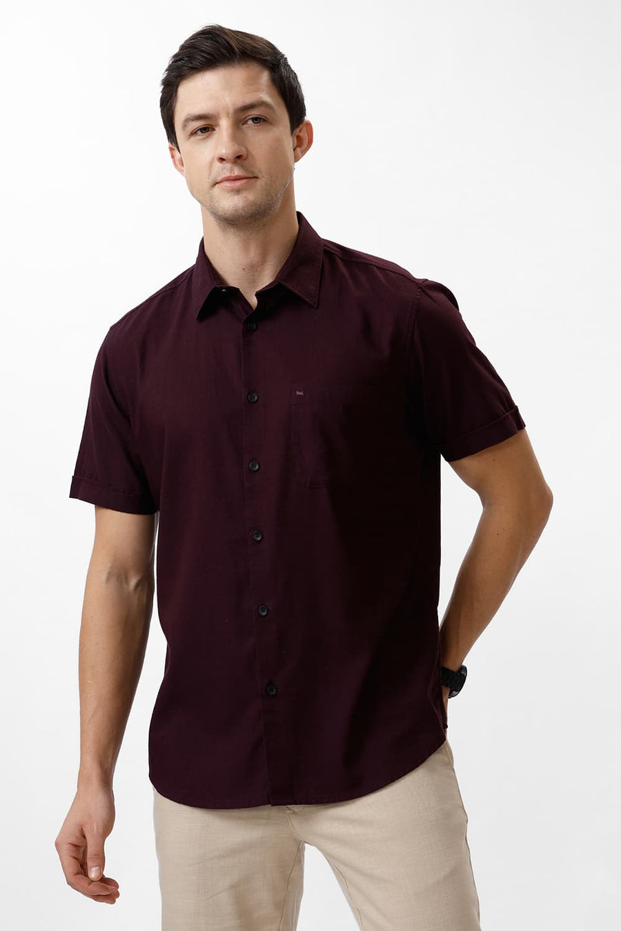 BASICS SLIM FIT WINE PURPLE COTTON SLUB TWILL HALFSLEEVES SHIRT