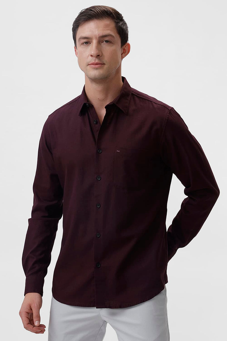 BASICS SLIM FIT WINE PURPLE COTTON SLUB TWILL SHIRT