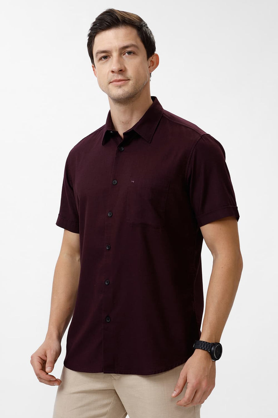 BASICS SLIM FIT WINE PURPLE COTTON SLUB TWILL HALFSLEEVES SHIRT