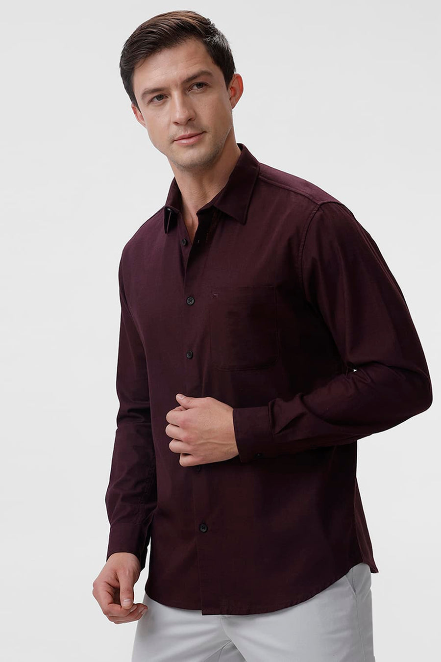 BASICS SLIM FIT WINE PURPLE COTTON SLUB TWILL SHIRT