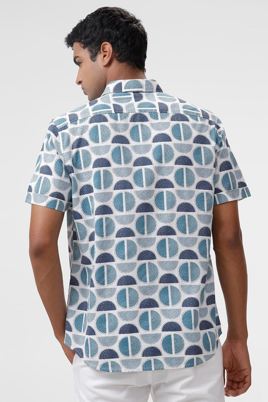 BASICS SLIM FIT CORAL BLUE COTTON TWILL SLUB PRINTED HALFSLEEVES SHIRT
