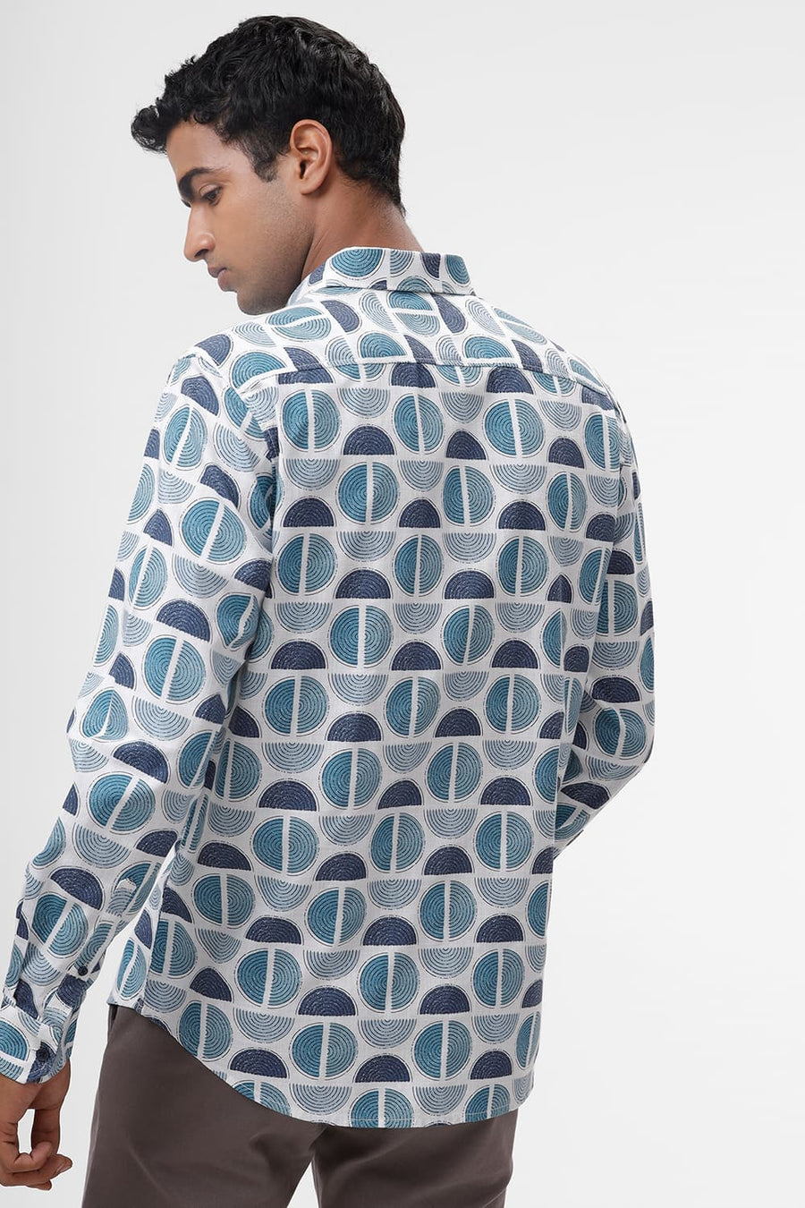 BASICS SLIM FIT CORAL BLUE COTTON TWILL SLUB PRINTED SHIRT