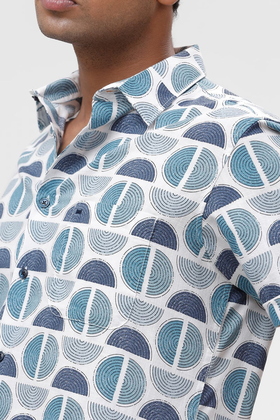 BASICS SLIM FIT CORAL BLUE COTTON TWILL SLUB PRINTED HALFSLEEVES SHIRT