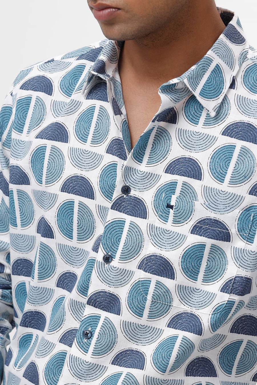 BASICS SLIM FIT CORAL BLUE COTTON TWILL SLUB PRINTED SHIRT
