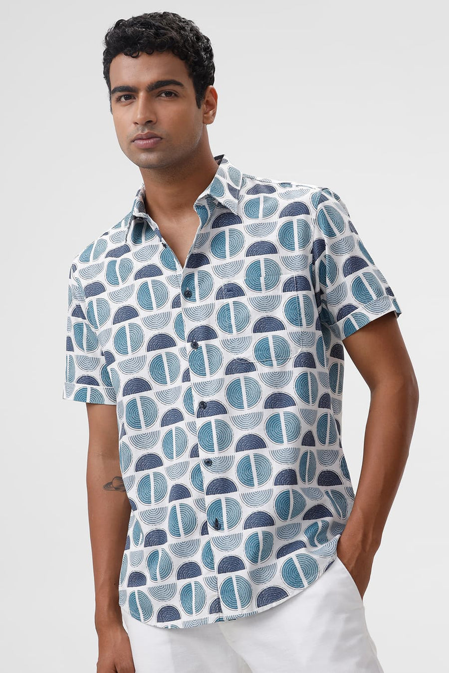 BASICS SLIM FIT CORAL BLUE COTTON TWILL SLUB PRINTED HALFSLEEVES SHIRT