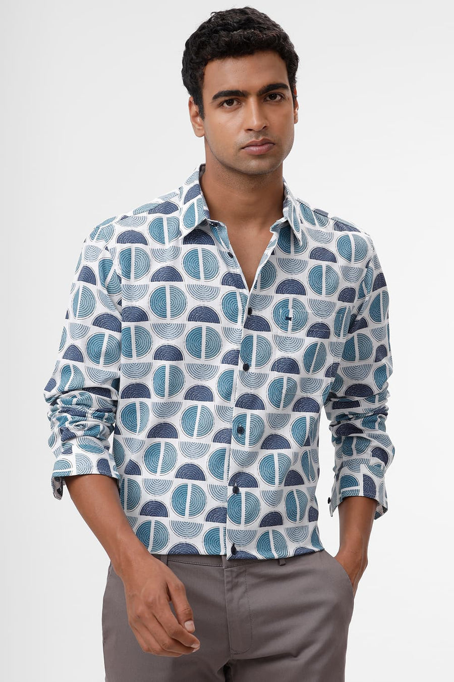 BASICS SLIM FIT CORAL BLUE COTTON TWILL SLUB PRINTED SHIRT