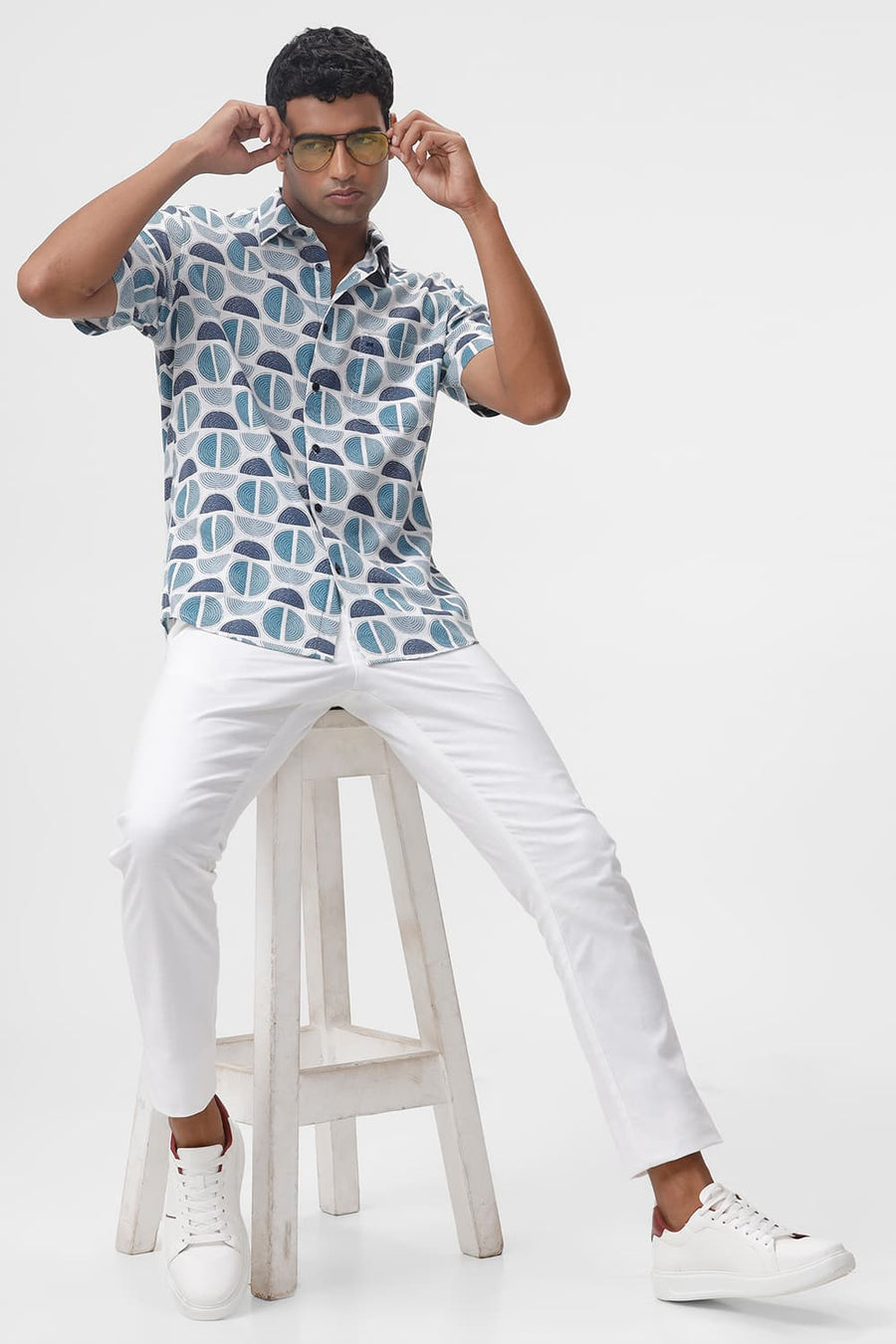BASICS SLIM FIT CORAL BLUE COTTON TWILL SLUB PRINTED HALFSLEEVES SHIRT