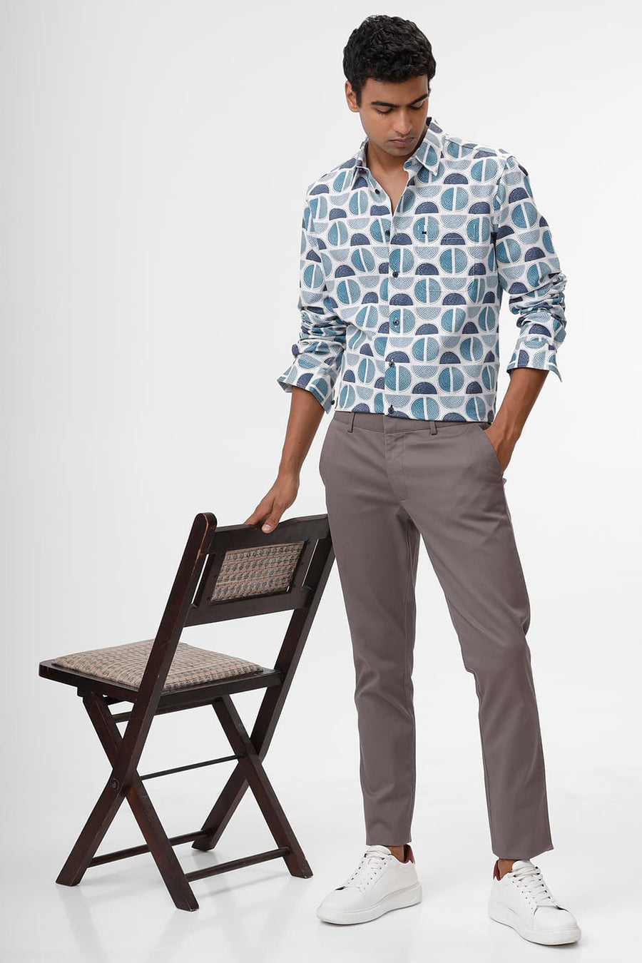 BASICS SLIM FIT CORAL BLUE COTTON TWILL SLUB PRINTED SHIRT