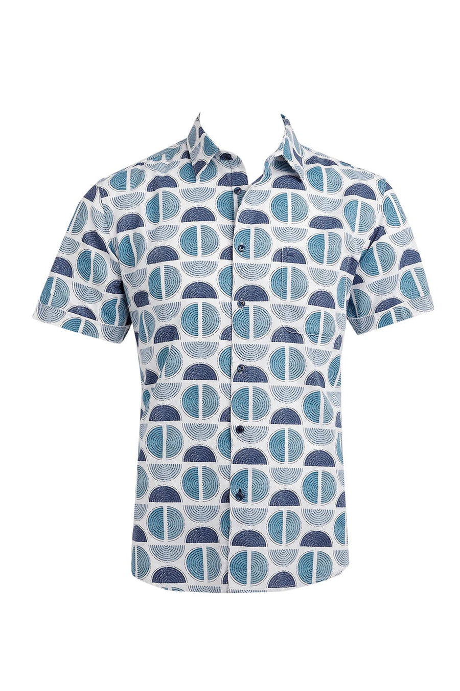 BASICS SLIM FIT CORAL BLUE COTTON TWILL SLUB PRINTED HALFSLEEVES SHIRT