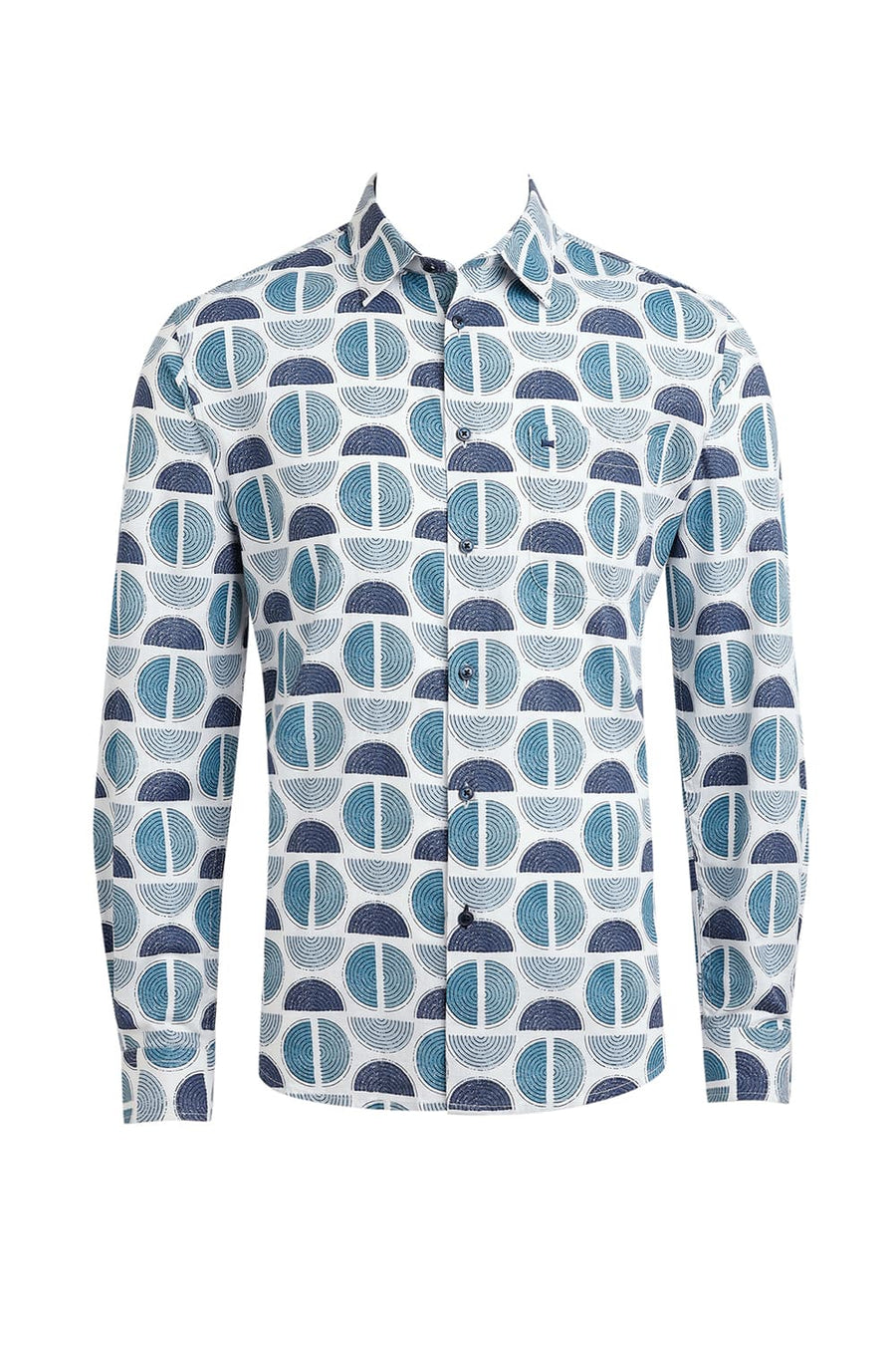 BASICS SLIM FIT CORAL BLUE COTTON TWILL SLUB PRINTED SHIRT
