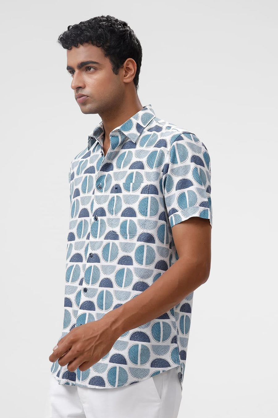 BASICS SLIM FIT CORAL BLUE COTTON TWILL SLUB PRINTED HALFSLEEVES SHIRT