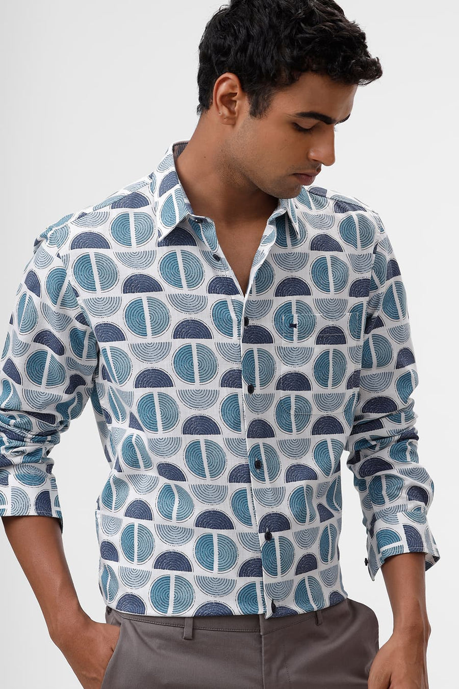 BASICS SLIM FIT CORAL BLUE COTTON TWILL SLUB PRINTED SHIRT