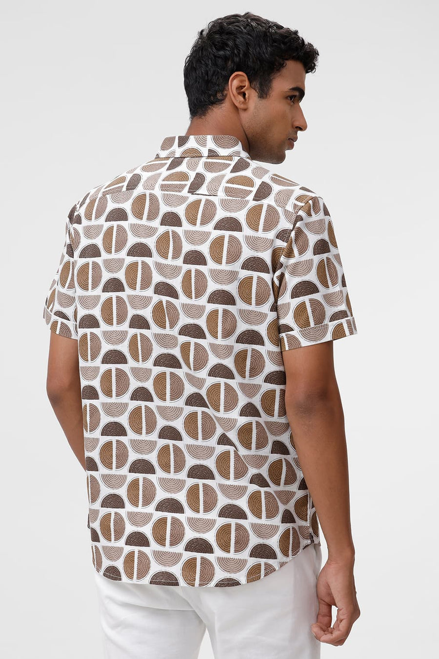 BASICS SLIM FIT ALMONDINE BROWN COTTON TWILL SLUB PRINTED HALFSLEEVES SHIRT
