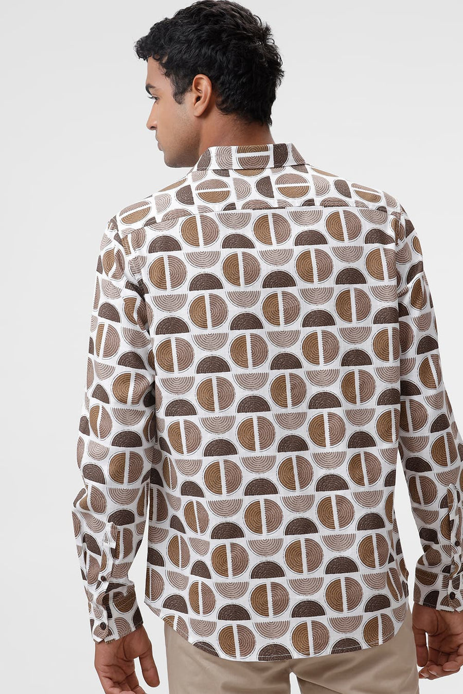 BASICS SLIM FIT ALMONDINE BROWN COTTON TWILL SLUB PRINTED SHIRT