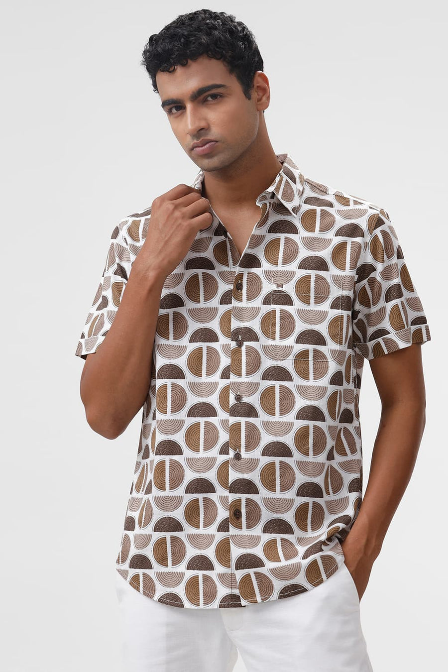 BASICS SLIM FIT ALMONDINE BROWN COTTON TWILL SLUB PRINTED HALFSLEEVES SHIRT