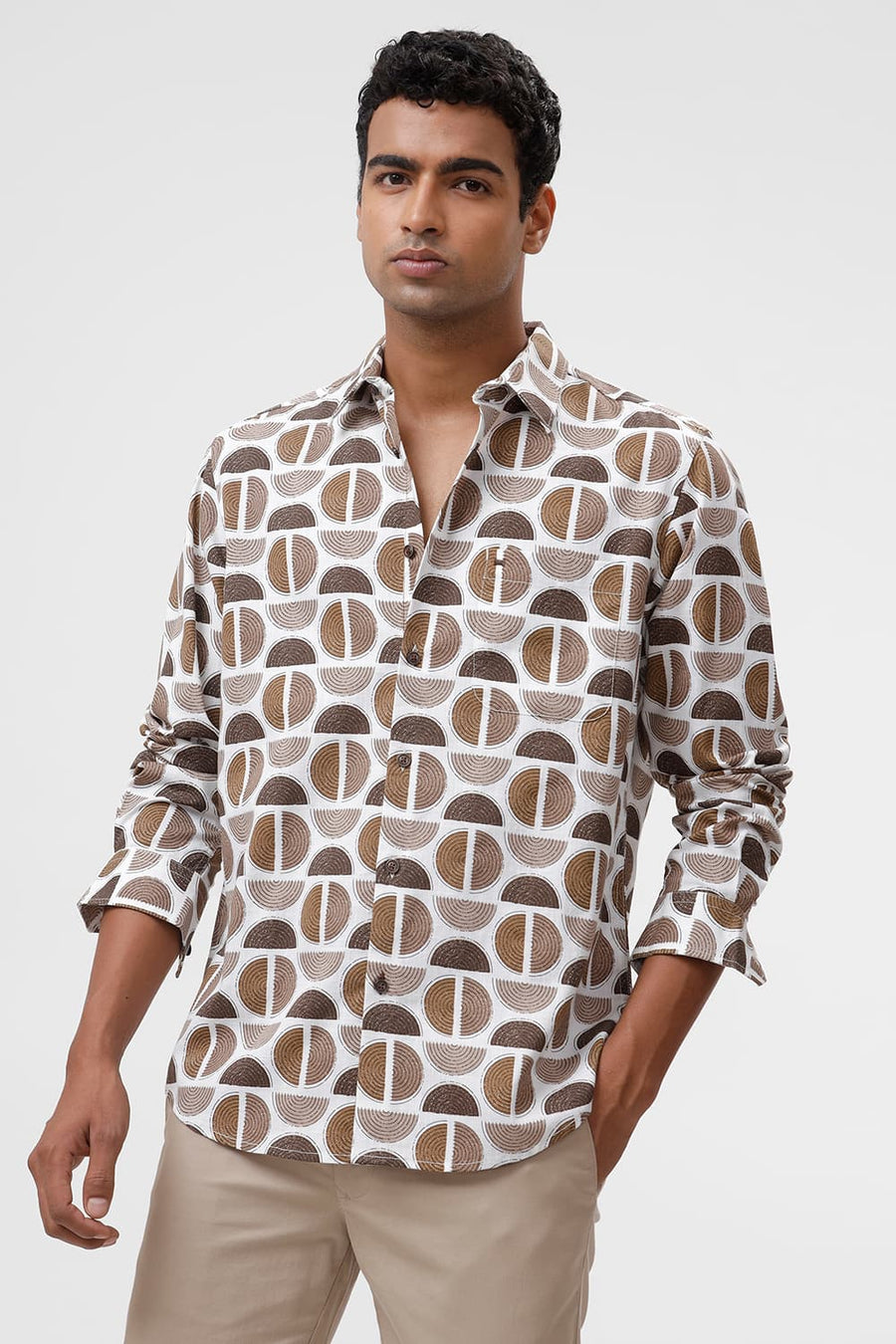 BASICS SLIM FIT ALMONDINE BROWN COTTON TWILL SLUB PRINTED SHIRT