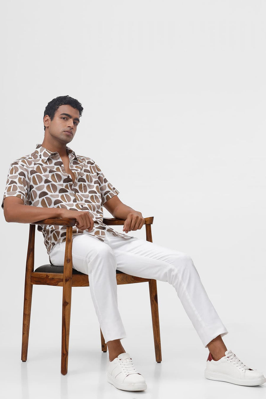 BASICS SLIM FIT ALMONDINE BROWN COTTON TWILL SLUB PRINTED HALFSLEEVES SHIRT