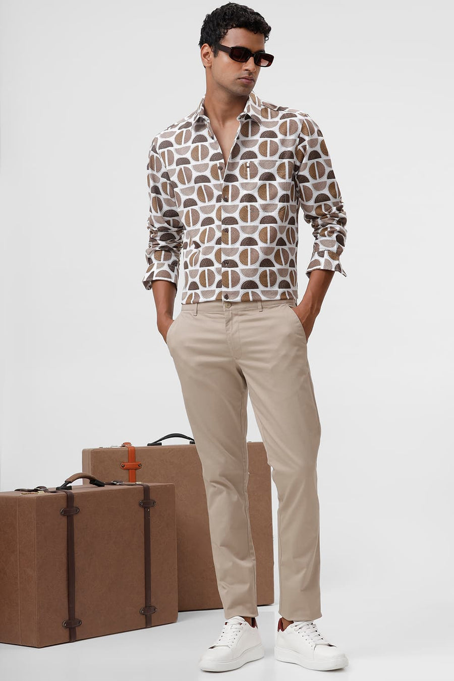 BASICS SLIM FIT ALMONDINE BROWN COTTON TWILL SLUB PRINTED SHIRT