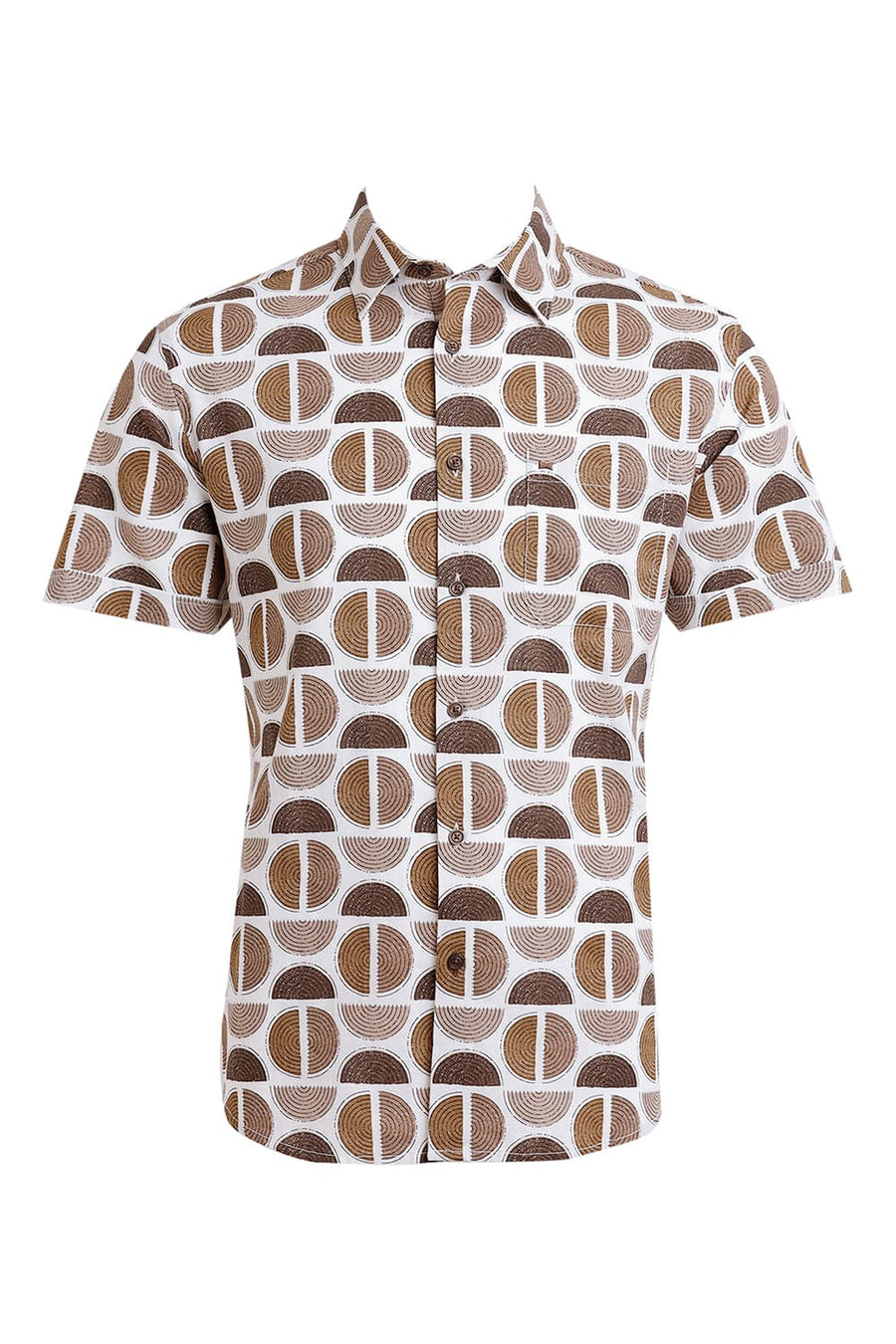BASICS SLIM FIT ALMONDINE BROWN COTTON TWILL SLUB PRINTED HALFSLEEVES SHIRT