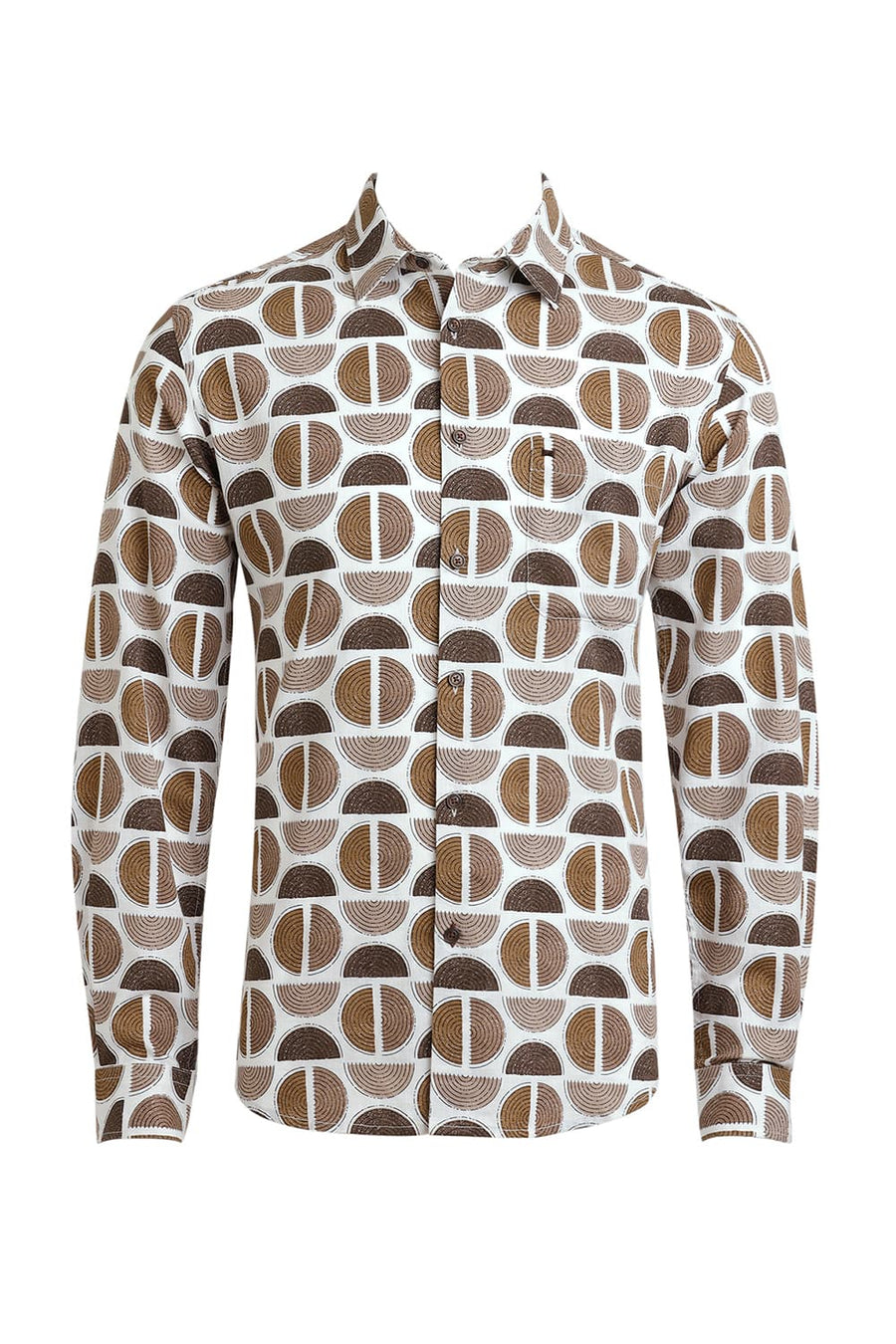 BASICS SLIM FIT ALMONDINE BROWN COTTON TWILL SLUB PRINTED SHIRT