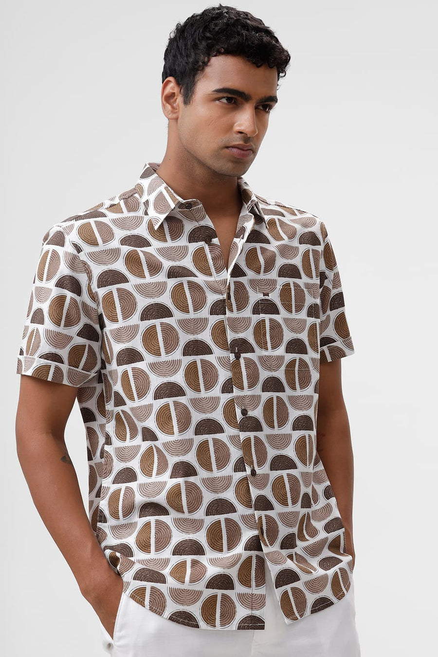 BASICS SLIM FIT ALMONDINE BROWN COTTON TWILL SLUB PRINTED HALFSLEEVES SHIRT