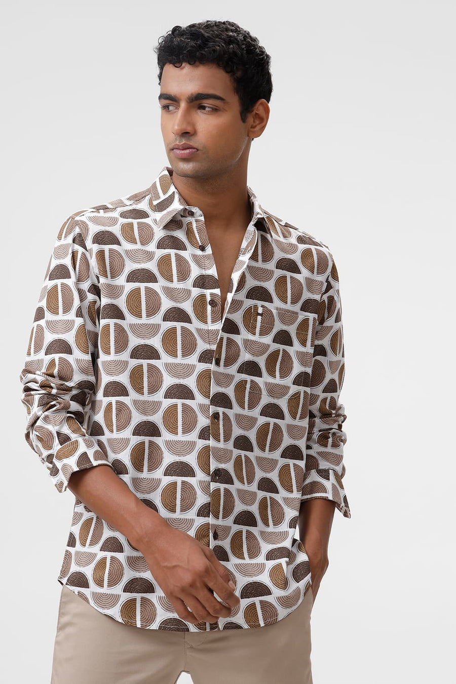 BASICS SLIM FIT ALMONDINE BROWN COTTON TWILL SLUB PRINTED SHIRT