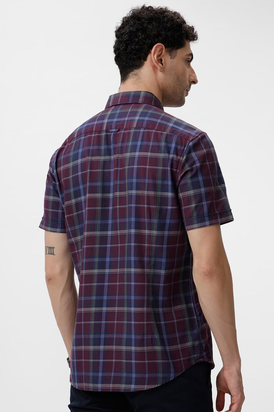 BASICS SLIM FIT BLACK BERRY WINE COTTON TWILL CHECKS HALFSLEEVES SHIRT