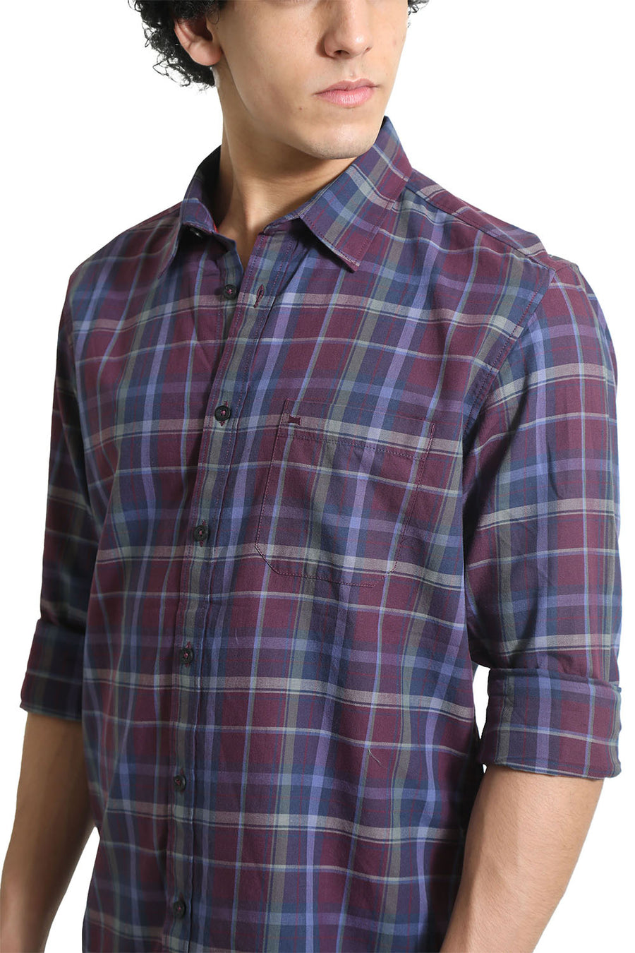 BASICS SLIM FIT BLACK BERRY WINE COTTON TWILL CHECKS SHIRT