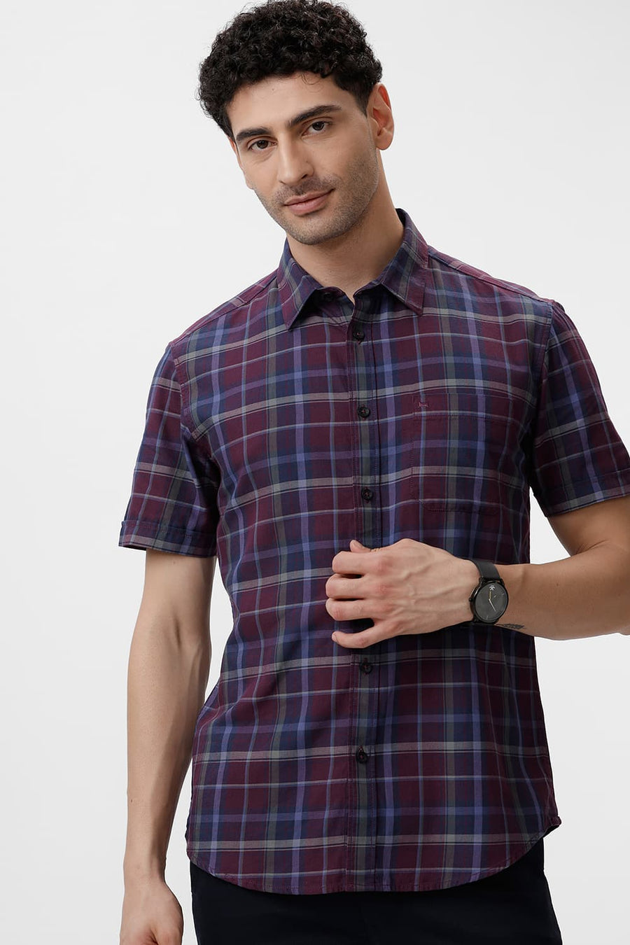BASICS SLIM FIT BLACK BERRY WINE COTTON TWILL CHECKS HALFSLEEVES SHIRT