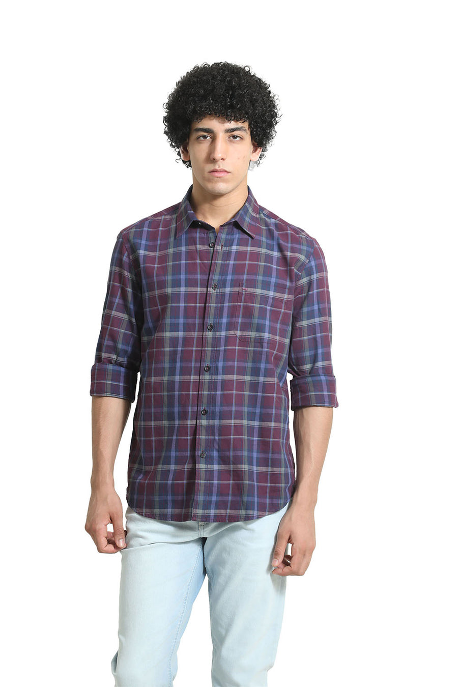 BASICS SLIM FIT BLACK BERRY WINE COTTON TWILL CHECKS SHIRT