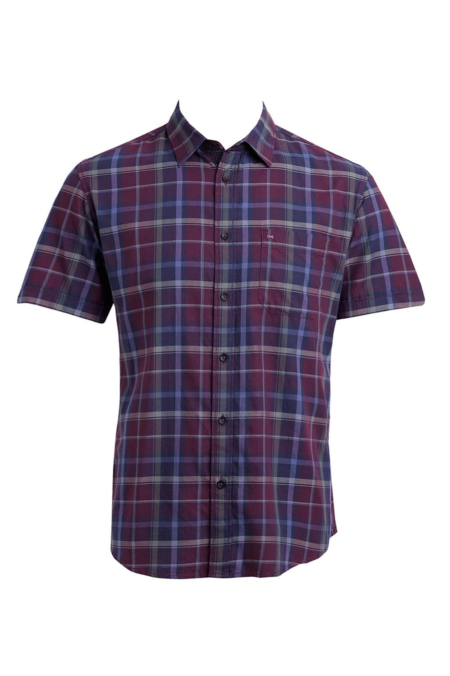 BASICS SLIM FIT BLACK BERRY WINE COTTON TWILL CHECKS HALFSLEEVES SHIRT