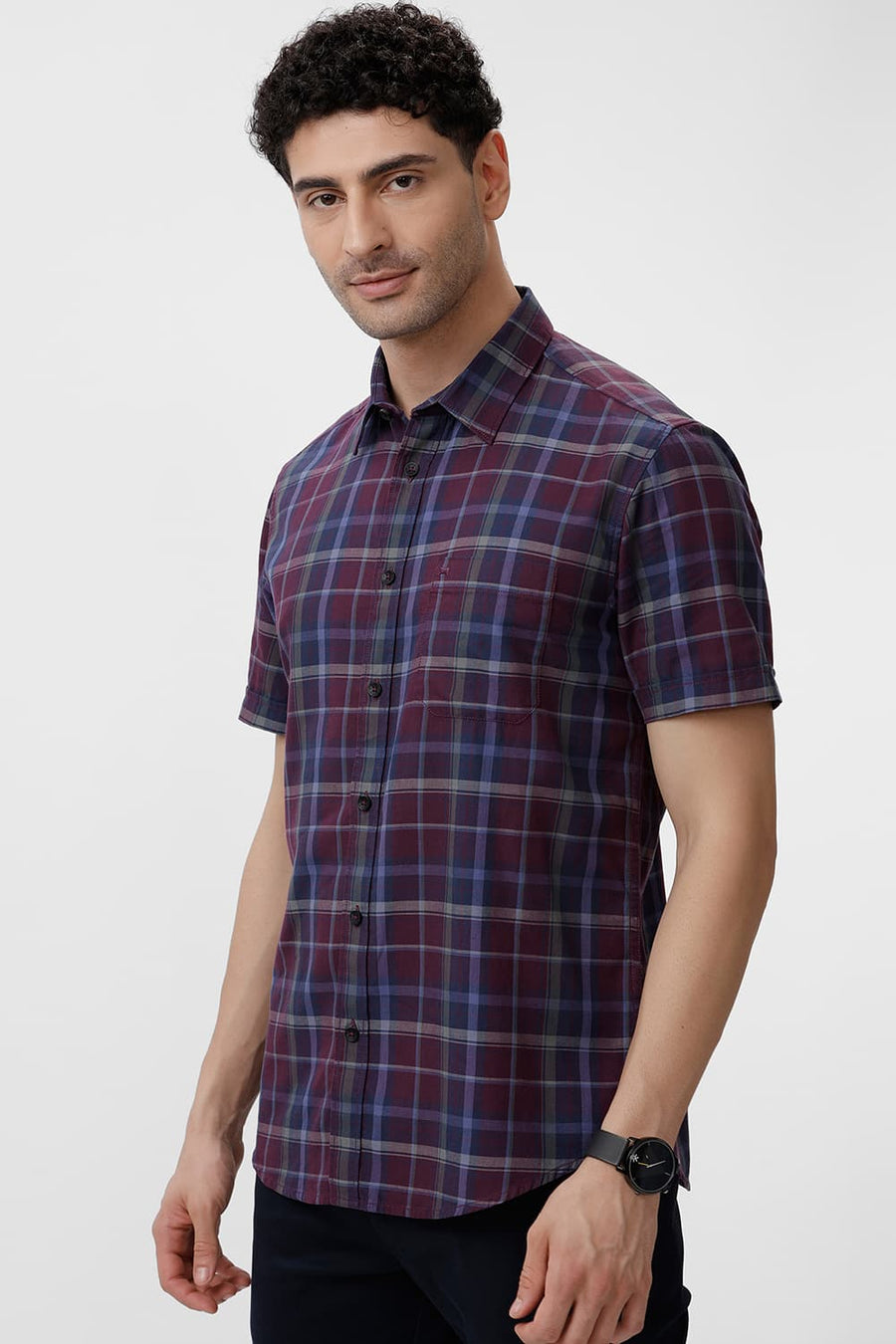 BASICS SLIM FIT BLACK BERRY WINE COTTON TWILL CHECKS HALFSLEEVES SHIRT