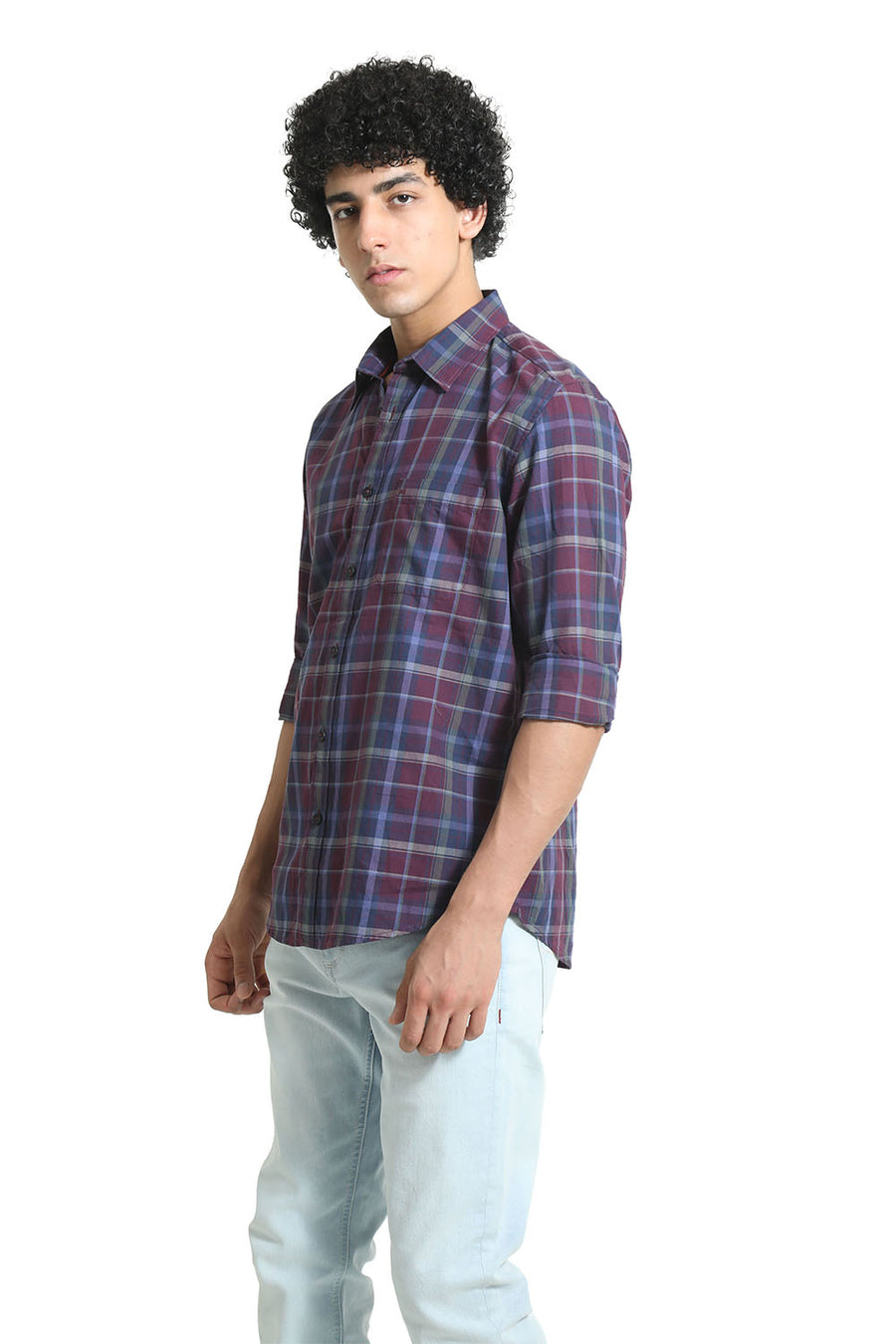 BASICS SLIM FIT BLACK BERRY WINE COTTON TWILL CHECKS SHIRT