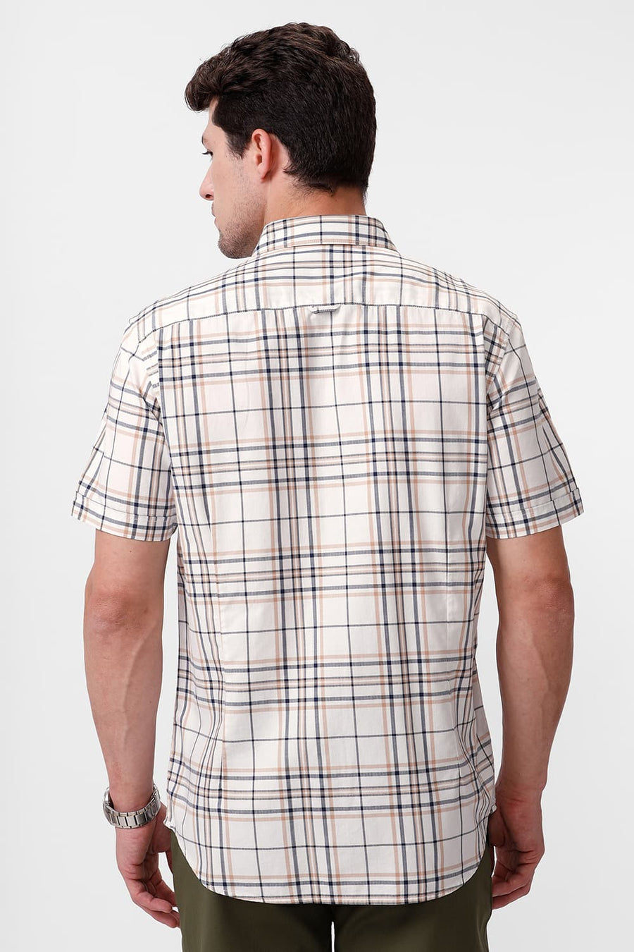 BASICS SLIM FIT SHEEPSKIN BEIGE COTTON HERRINGBONE TWILL CHECKS HALFSLEEVES SHIRT