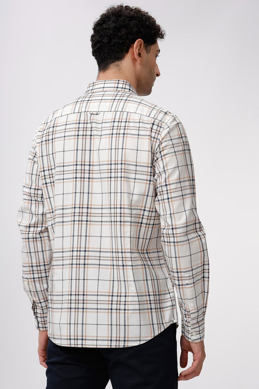 BASICS SLIM FIT SHEEPSKIN BEIGE COTTON HERRINGBONE TWILL CHECKS SHIRT
