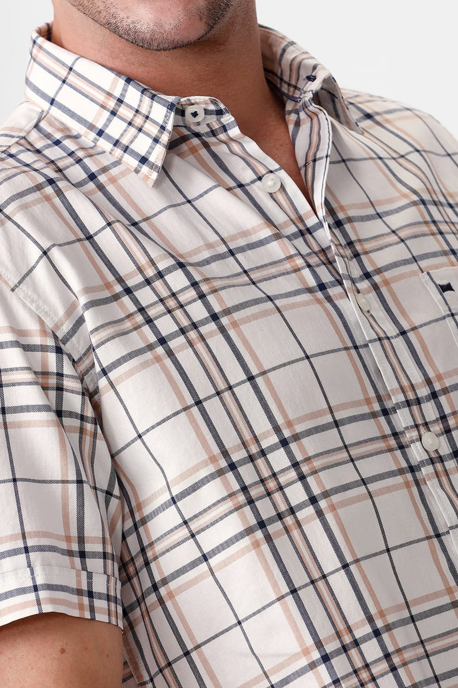 BASICS SLIM FIT SHEEPSKIN BEIGE COTTON HERRINGBONE TWILL CHECKS HALFSLEEVES SHIRT
