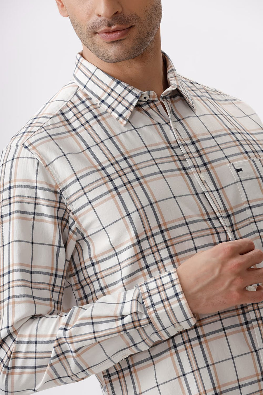 BASICS SLIM FIT SHEEPSKIN BEIGE COTTON HERRINGBONE TWILL CHECKS SHIRT